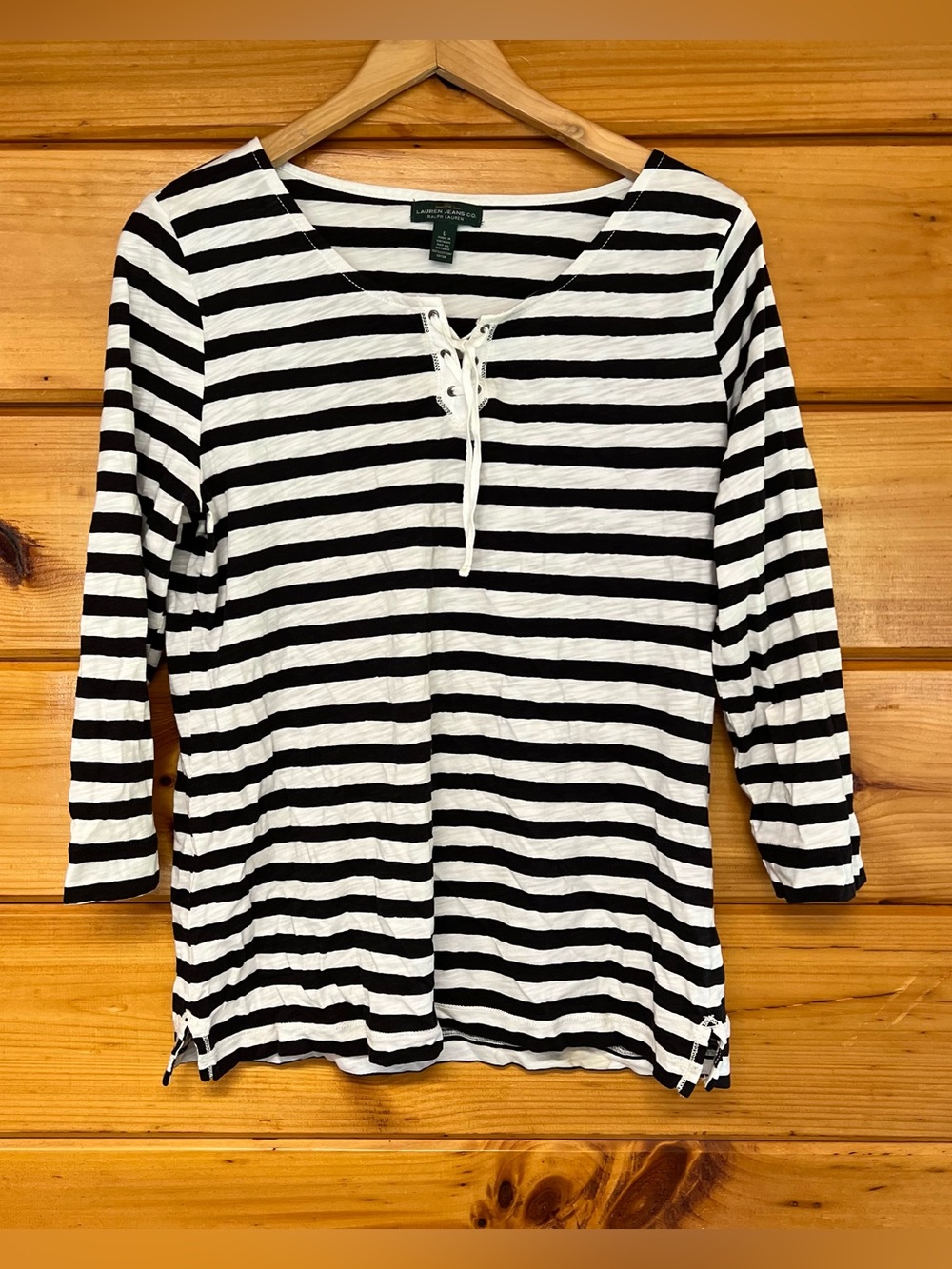 VTG Top Ralph Lauren Black & White Striped Lace-Up Cotton 3/4 Sleeve Tee Top L
